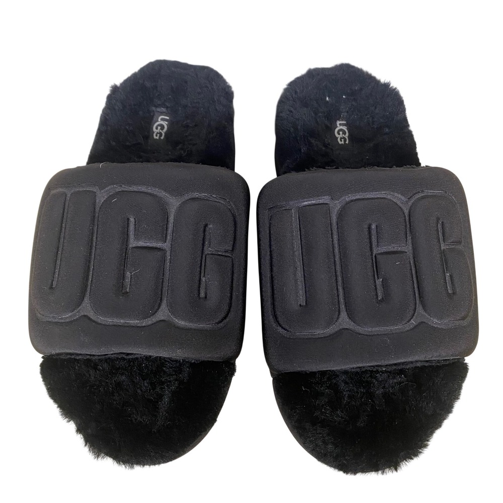 UGG Maxi Slide Black Puffy Platform Sandals Sheepskin Lined Womens 6